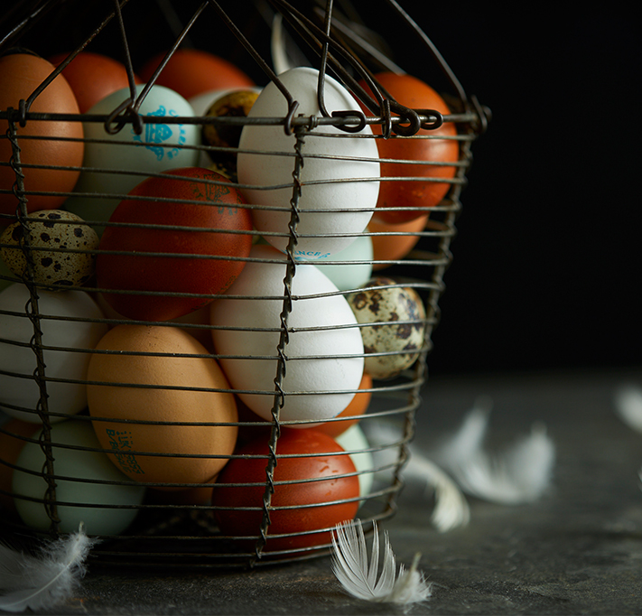 duck, chicken and quail eggs in a basket