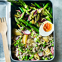 Asparagus, boiled egg, olive and green bowl - Clarence Court Recipes