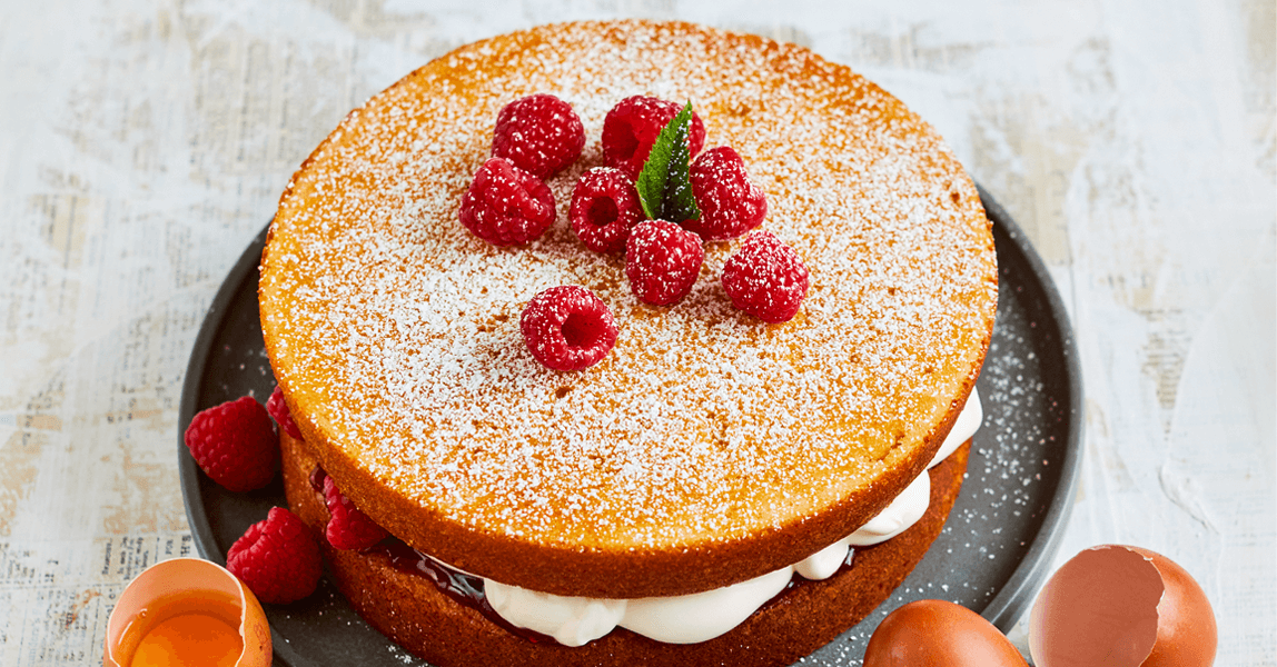 Clarence Court eggs | Orange and almond Victoria sponge