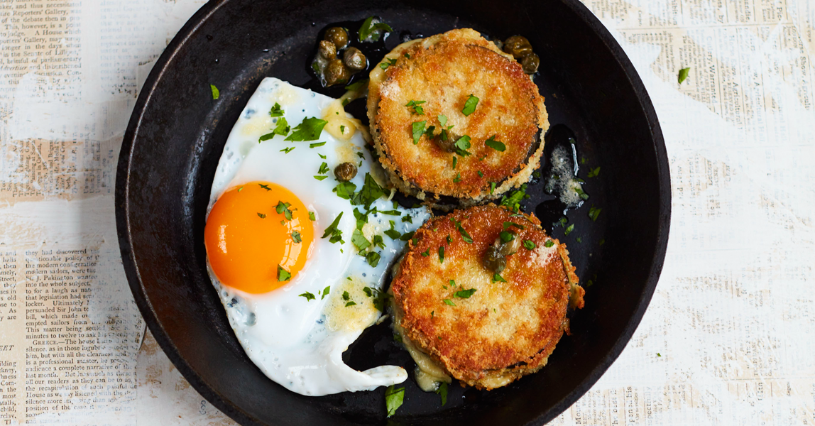 Clarence Court eggs aubergine escalope