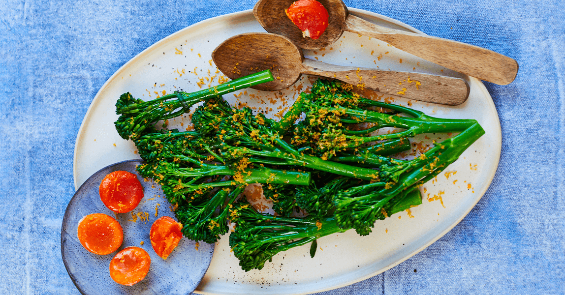 Clarence Court cured egg yolks with Tenderstem broccoli