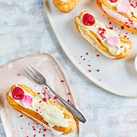 Raspberry, rosewater & white chocolate éclairs - Clarence Court Recipes