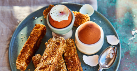 Savoury French toast soldiers and two Clarence Court hen eggs