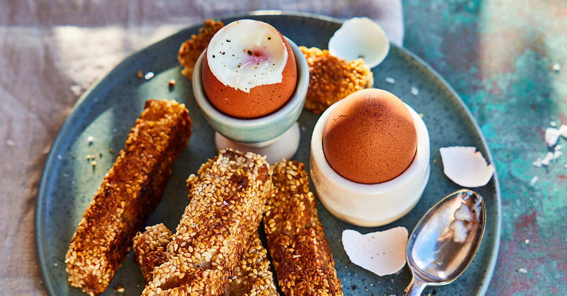 Savoury French toast soldiers and two Clarence Court hen eggs