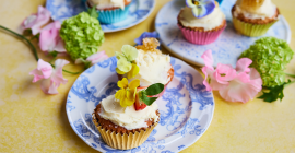 Clarence Court Coronation cupcakes and edible flowers