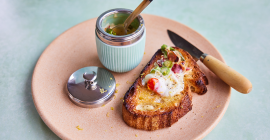 Clarence Court coddled eggs with asparagus and pancetta on toast
