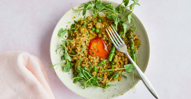 Clarence Court eggs spring pearl barley risotto