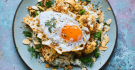 Clarence Court eggs dukkah cauliflower with fried egg