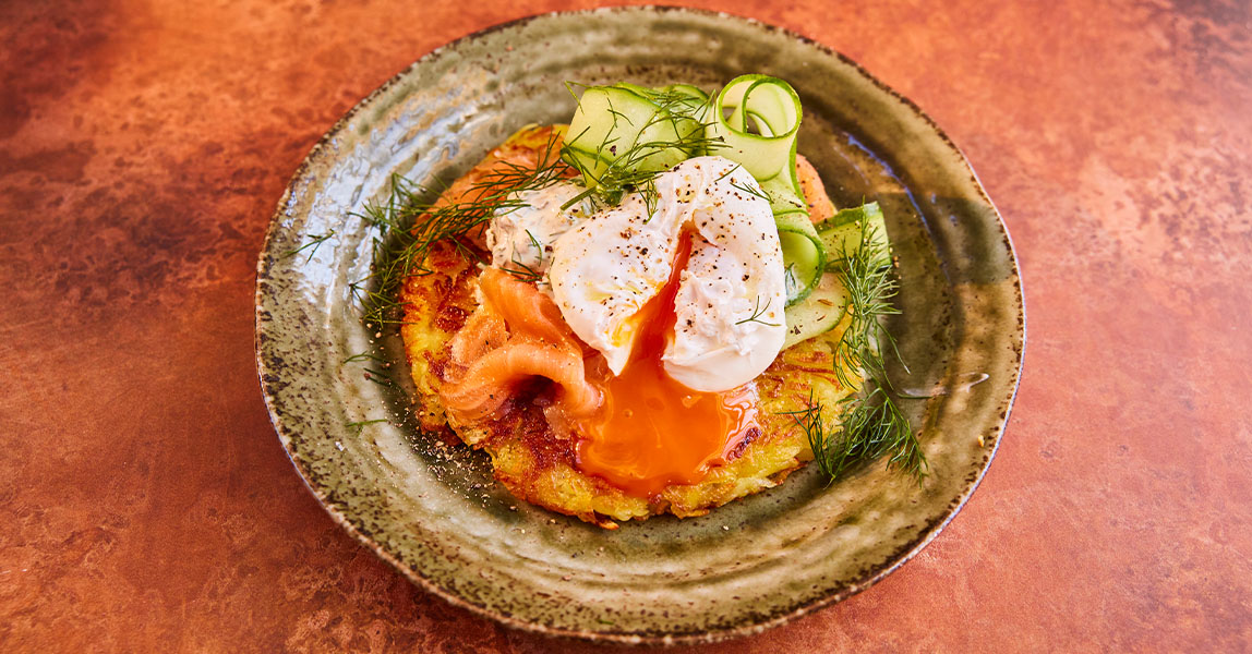 Smoked salmon rosti with Poached Eggs