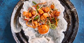 Crispy rice paper with egg and salmon tartare